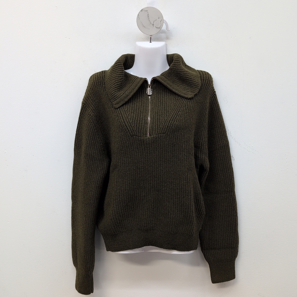 H&M Rib Knit Half Zip Mock Neck Long Sleeve Women's Sweater XS Dark Khaki Green
